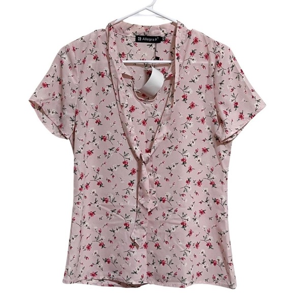 Allegra K Women's Cottagecore Bow Tie Neck Short Sleeve Printed Chiffon Blouse - Picture 2 of 5